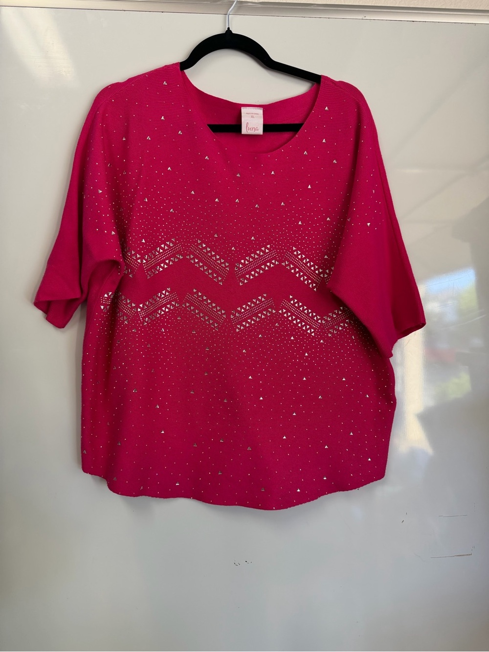 Love Branded Hot Pink Short Sleeve Tee with Chevron Cutouts and Sparkle